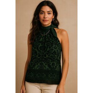 Max Studio Burnout Velvet Halter Blouse | Emerald Green Floral Flocked Top with